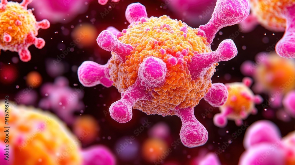 A vibrant depiction of a virus, showcasing its intricate structure and colorful spikes, highlighting the complexity of microorganisms. A vibrant depiction of a virus, showcasing its intricate structure and colorful spikes, highlighting the complexity of microorganisms.