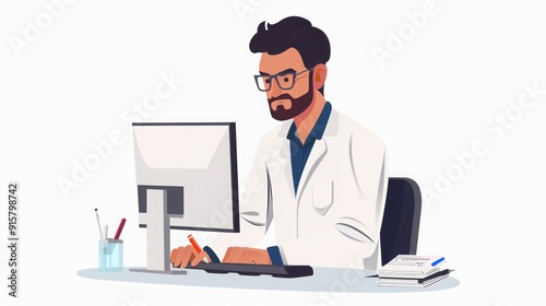 Doctor Working on Computer - Healthcare Professional at Desk