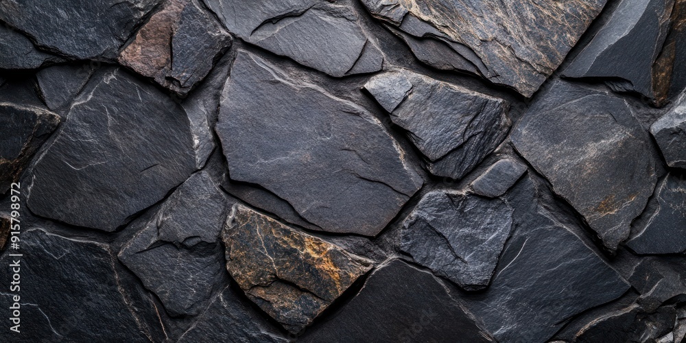 Close-up View of a Dark Stone Wall Texture with Irregular Shapes and Rough Surface - A Natural Stone Background for Design and Interior.