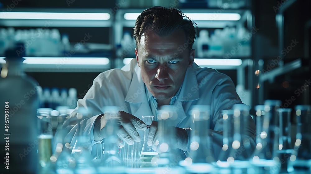 A scientist analyzing drug compounds, intense concentration, with automated screening systems, in a high-tech lab. Sleek, modern environment with digital interfaces, compound visuals, A scientist analyzing drug compounds, intense concentration, with automated screening systems, in a high-tech lab. Sleek, modern environment with digital interfaces, compound visuals,