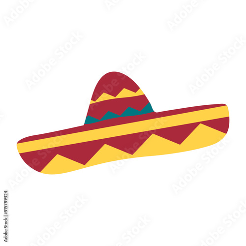A colorful sombrero hat with a red crown, yellow brim, and geometric patterns