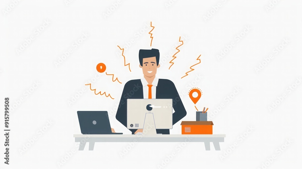 Businessman Working at Desk with Laptop and Computer Businessman Working at Desk with Laptop and Computer