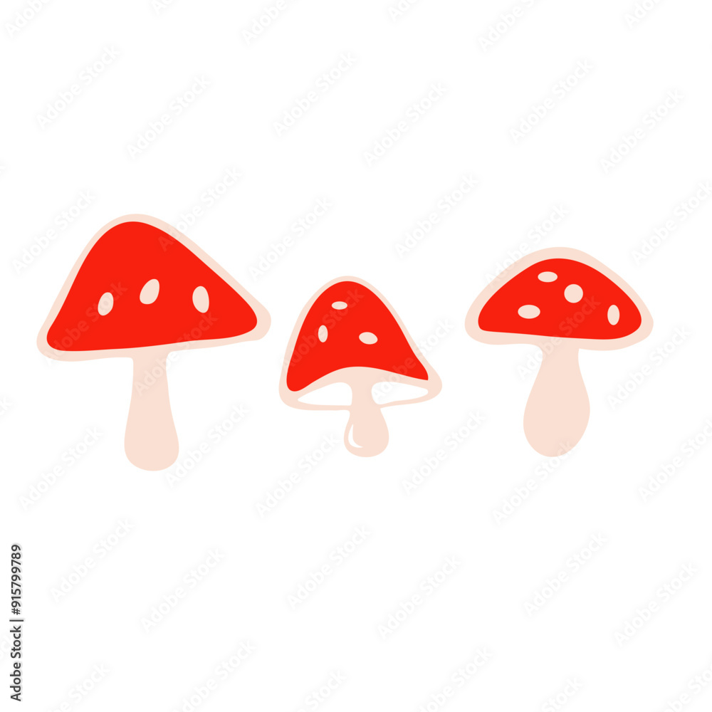 Three red mushrooms with white spots on a white background Three red mushrooms with white spots on a white background