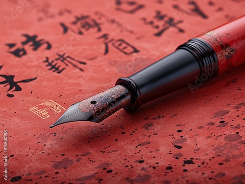 Close-up of a traditional Chinese New Year calligraphy on red paper. photo