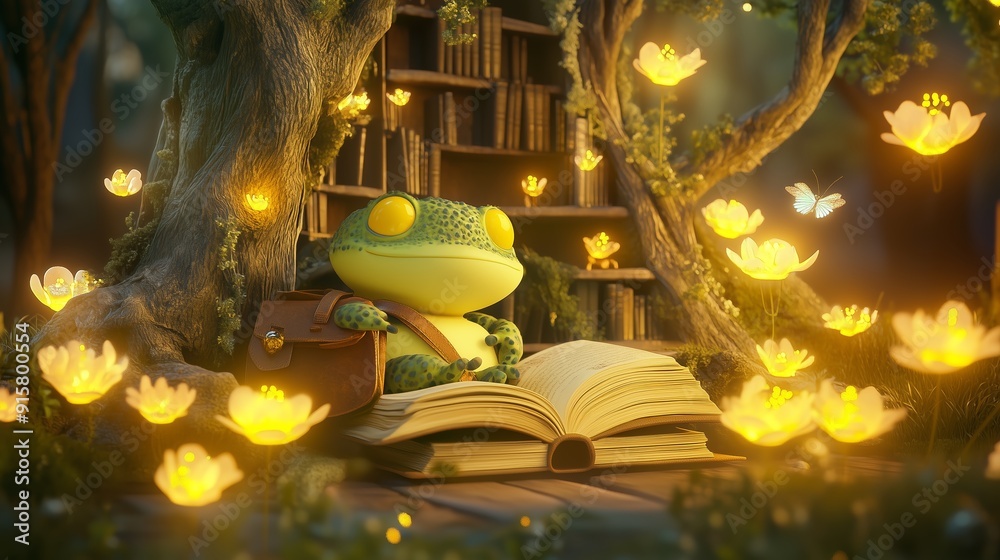 Obraz premium A peaceful frog reading an open book under a tree surrounded by glowing flowers in a lush forest