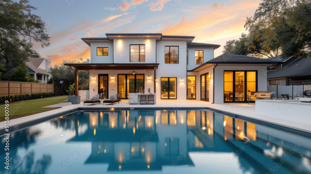 Obraz premium A stunning modern home with a sleek pool, showcased at sunset, perfect for luxury lifestyle imagery.