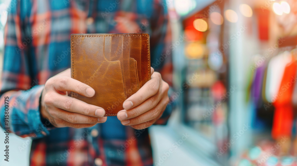 A stylish individual holds a brown leather wallet, showcasing modern fashion in a vibrant shopping area. A stylish individual holds a brown leather wallet, showcasing modern fashion in a vibrant shopping area.