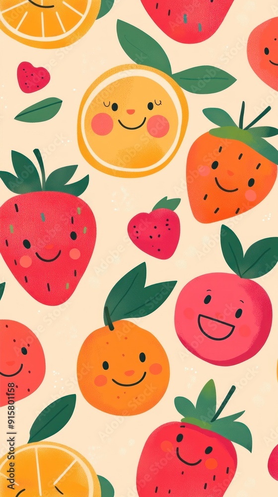 Cute and Colorful Fruits with Smiling Faces Pattern Illustration. Cute and Colorful Fruits with Smiling Faces Pattern Illustration.