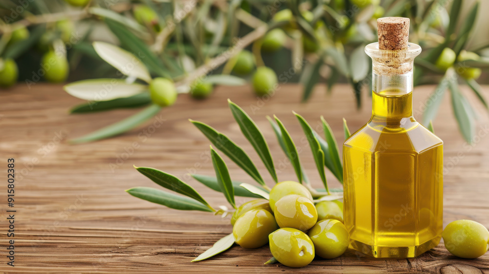 Fresh olive oil in a glass bottle, surrounded by olives and olive leaves on a wooden table, showcasing natural ingredients. Fresh olive oil in a glass bottle, surrounded by olives and olive leaves on a wooden table, showcasing natural ingredients.