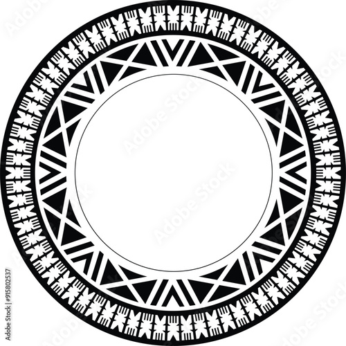 Polynesian tattoo tribal circle design. Fijian tattoo tribal frame circle border stencil.