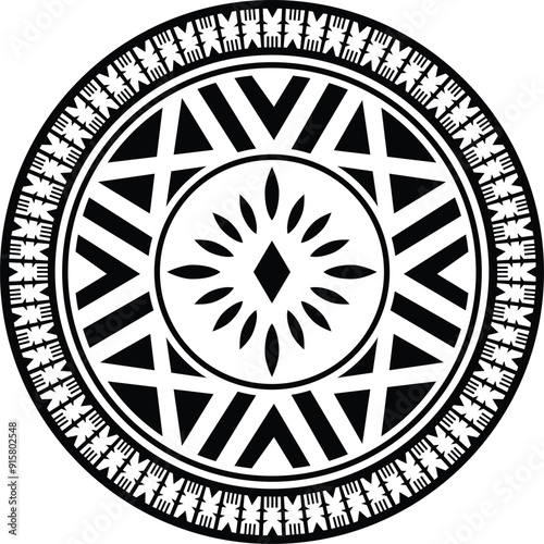 Polynesian tattoo tribal circle design. Fijian tattoo tribal frame circle border stencil.