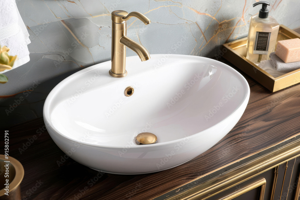 Stylish white wash basin with a sleek gold faucet, perfect for modern bathroom decor and elegant design inspiration. Stylish white wash basin with a sleek gold faucet, perfect for modern bathroom decor and elegant design inspiration.