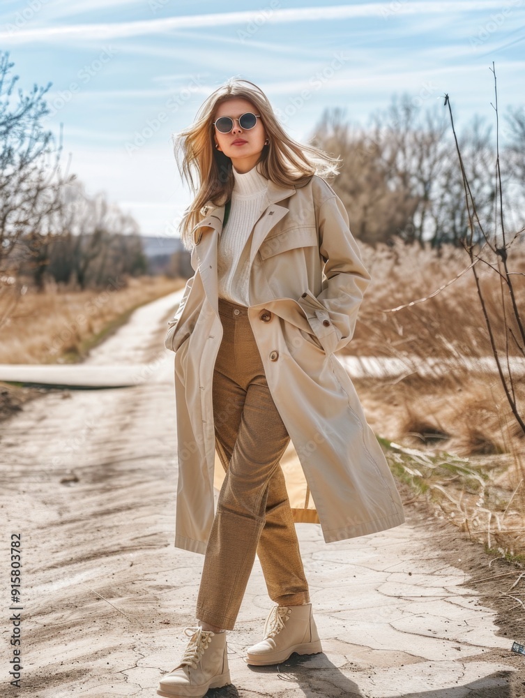 A woman in a stylish autumn outfit walks down a path wearing sunglasses, with the trendy accessories complementing her fall-inspired clothing. A woman in a stylish autumn outfit walks down a path wearing sunglasses, with the trendy accessories complementing her fall-inspired clothing.
