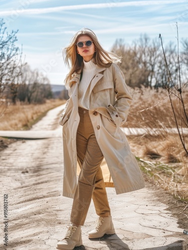 A woman in a stylish autumn outfit walks down a path wearing sunglasses, with the trendy accessories complementing her fall-inspired clothing.