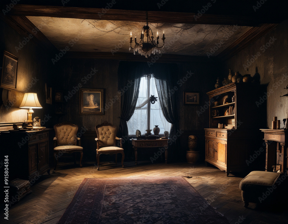 Room in an old abandoned house with a lamp and a carpet Room in an old abandoned house with a lamp and a carpet