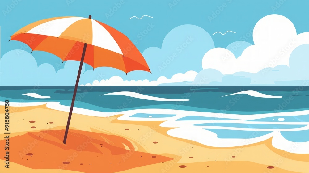 Beach Umbrella Under Sunny Skies - Relaxing Seascape Beach Umbrella Under Sunny Skies - Relaxing Seascape