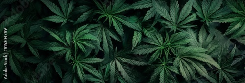 Intimate Close-up of Lush Green Hemp Leaves Spreading on a Dark Background, Revealing the Plant's Complex Details and Natural Beauty.