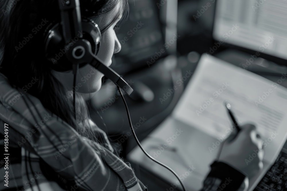 A woman wearing headphones and writing on a piece of paper, indicating a work or professional environment. A woman wearing headphones and writing on a piece of paper, indicating a work or professional environment.