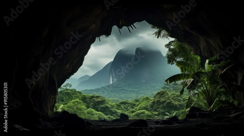 Panoramic view of the tropical jungle from the cave photo