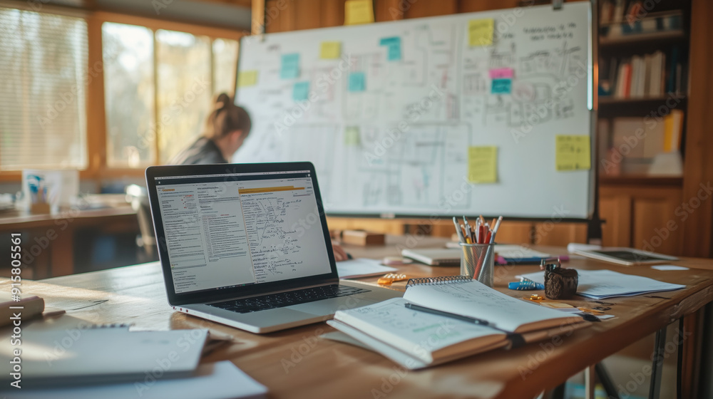 custom made wallpaper toronto digitalBusy work desk studying situation with laptop, notebook, computer, A4 paper and post-it notes mockup, home working, work from home, wfh, studying researching desk props concept background