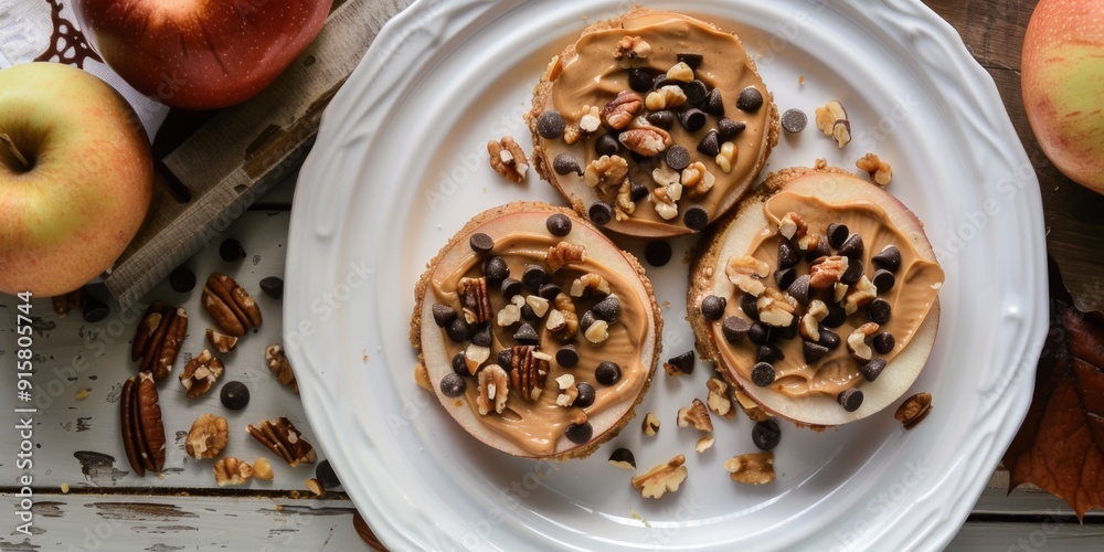 Two apple dessert rolls with peanut butter filling, topped with nuts and possibly cinnamon and sugar.