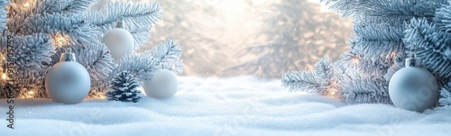 Snowy scene with christmas decorations and trees in the foreground