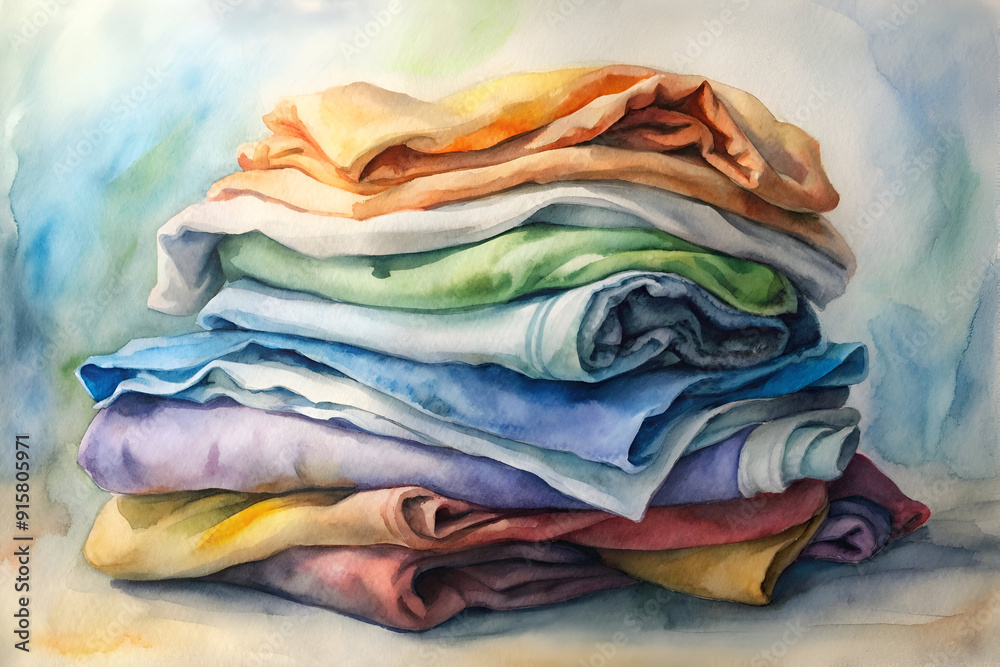 A painting of a pile of clothes with a blue shirt on top. The colors of the clothes are bright and vibrant, creating a cheerful and lively mood. The painting seems to be a representation of the joy A painting of a pile of clothes with a blue shirt on top. The colors of the clothes are bright and vibrant, creating a cheerful and lively mood. The painting seems to be a representation of the joy