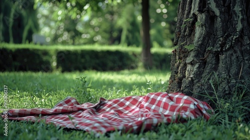 Picnic in the park. Checkered blanket spread on grass under a tree, ready for family or friends to enjoy a meal outdoors.