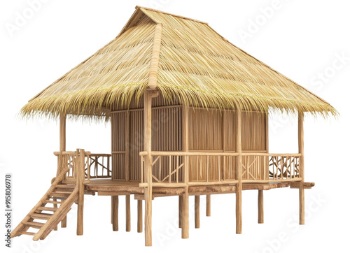 Bamboo hut with thatched roof in tropics, cut out - stock png.