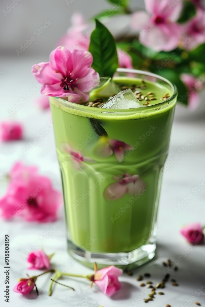 Refreshing matcha latte topped with cherry blossom petals, served in a glass and accompanied by pink sakura flowers. Refreshing matcha latte topped with cherry blossom petals, served in a glass and accompanied by pink sakura flowers.
