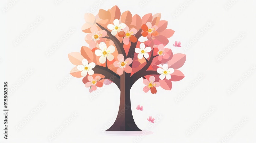 Fototapeta premium Pink and White Flower Tree Illustration - Spring Floral Art
