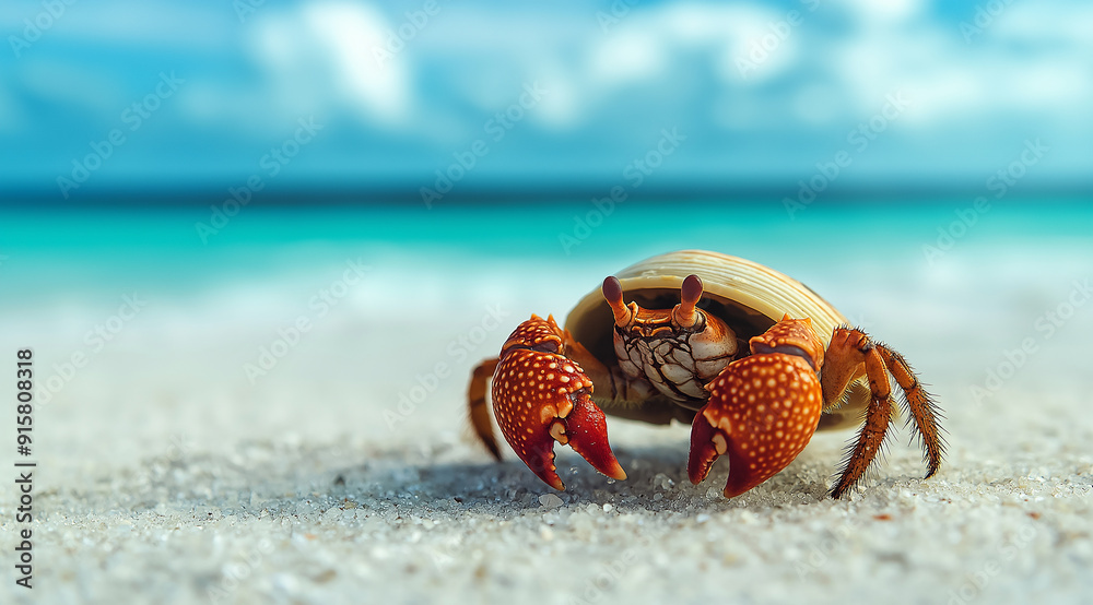 Close up of a hermit crab on the beach, tropical island background Close up of a hermit crab on the beach, tropical island background