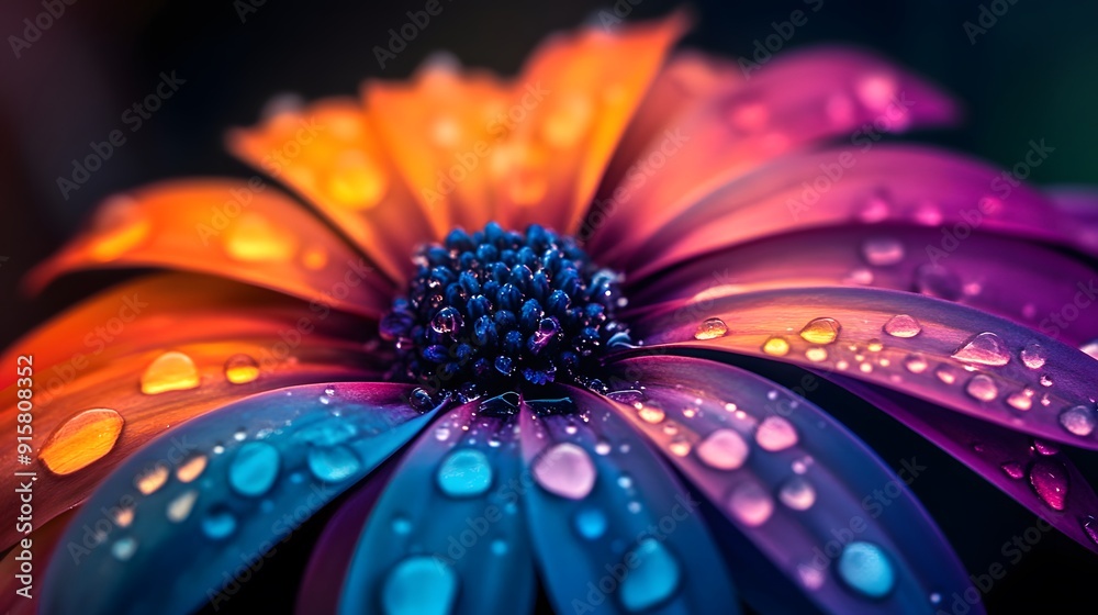 A vibrant flower with petals in orange, blue and purple colors. The petals are covered in water droplets that glisten like diamonds on the surface of glass A vibrant flower with petals in orange, blue and purple colors. The petals are covered in water droplets that glisten like diamonds on the surface of glass