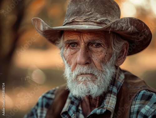 Portrait of an elderly cowboy with hat and boots, looking contemplative on a sunny day.