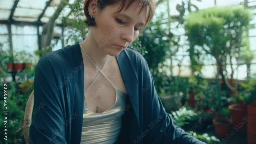Female pianist with jewel-studded hands playing synthesizer in greenhouse with verdant plants in the background. Tilt-up shot Female pianist with jewel-studded hands playing synthesizer in greenhouse with verdant plants in the background. Tilt-up shot