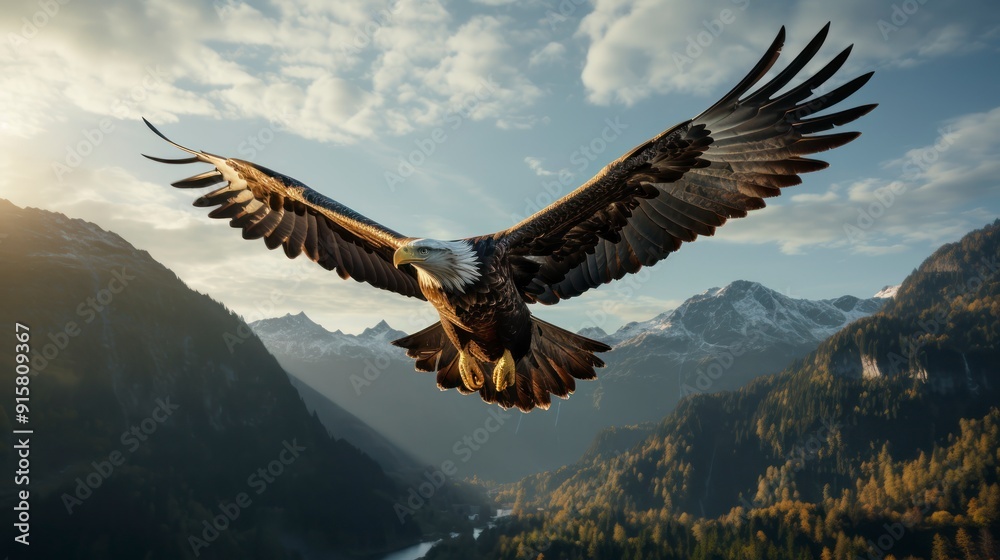 Fototapeta premium Bald Eagle in flight with mountains in the background at sunset.