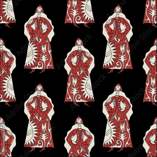 Rural doodle slavic girl princess local girl folklore costume folk seamless pattern in Scandinavian style clipart