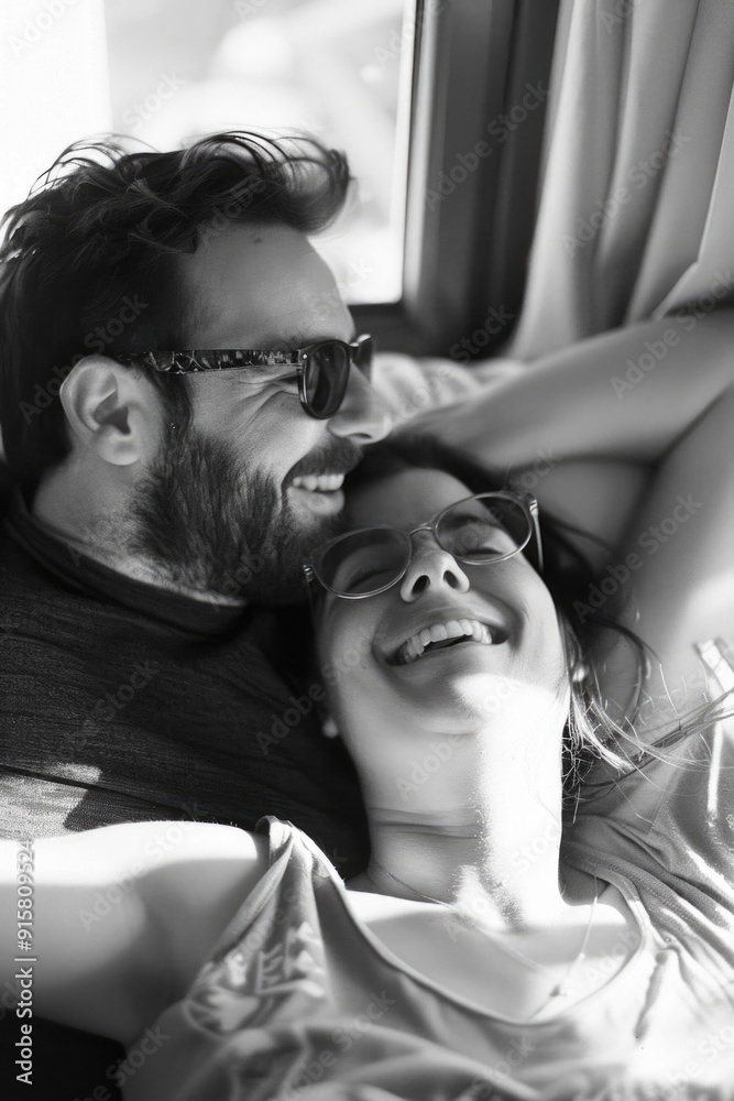 Fototapeta premium Two people sitting together, smiling, with arms around each other on a sunny day.