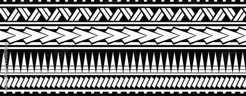 Polynesian tattoo design tribal border. Tribal design ethnic ornament maori band. Samoan Tattoo ribbon sleeve bracelet. Fabric seamless isolated hawaiian armband pattern on white background.