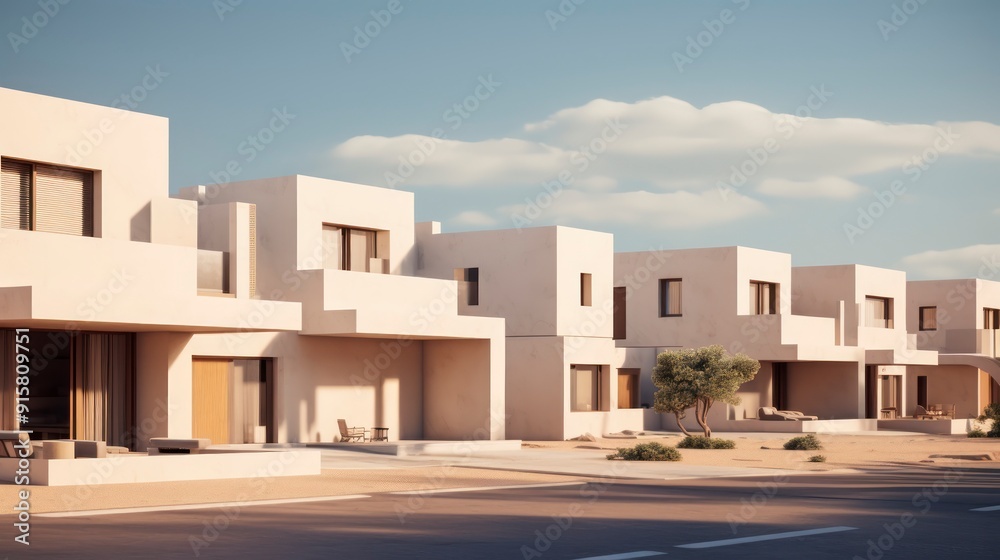 Modern luxury house in the desert on a sunny day with blue sky.