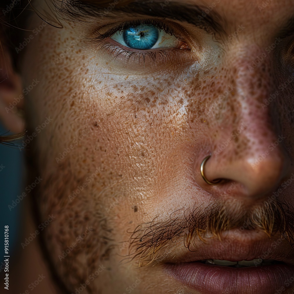 Fototapeta premium A professional close-up portrait of a man with a nose piercing, emphasizing his natural ruggedness and minimalistic grooming. The soft focus highlights his facial features