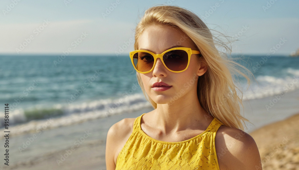 A pretty young woman in a yellow dress and sunglasses posing on the beach against the background of the sea on a sunny summer day. A pretty young woman in a yellow dress and sunglasses posing on the beach against the background of the sea on a sunny summer day.