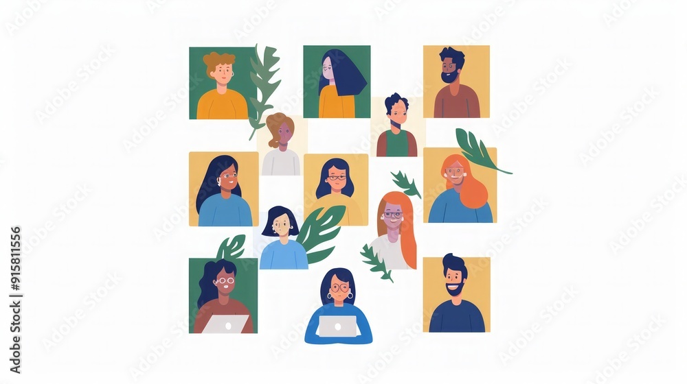 Fototapeta premium Diverse Team Collaboration: A Vibrant Illustration of Online Teamwork