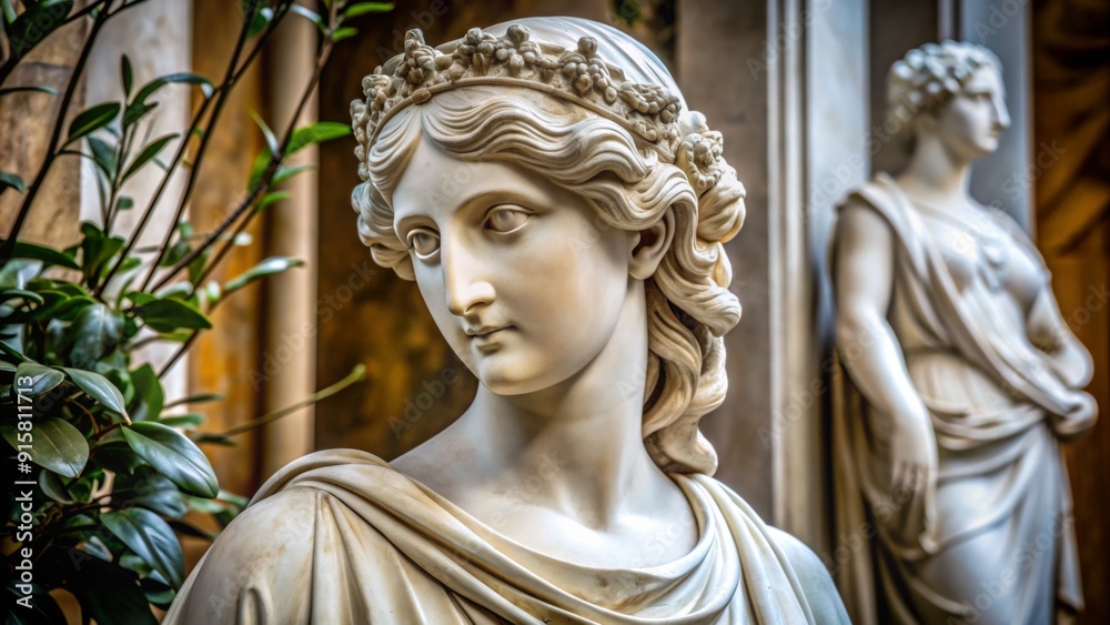 A Close-Up of a Marble Statue of a Woman Wearing a Crown, with a Green Plant in the Foreground - Sculpture, Art, Classical, Greek, Roman, Statuary A Close-Up of a Marble Statue of a Woman Wearing a Crown, with a Green Plant in the Foreground - Sculpture, Art, Classical, Greek, Roman, Statuary