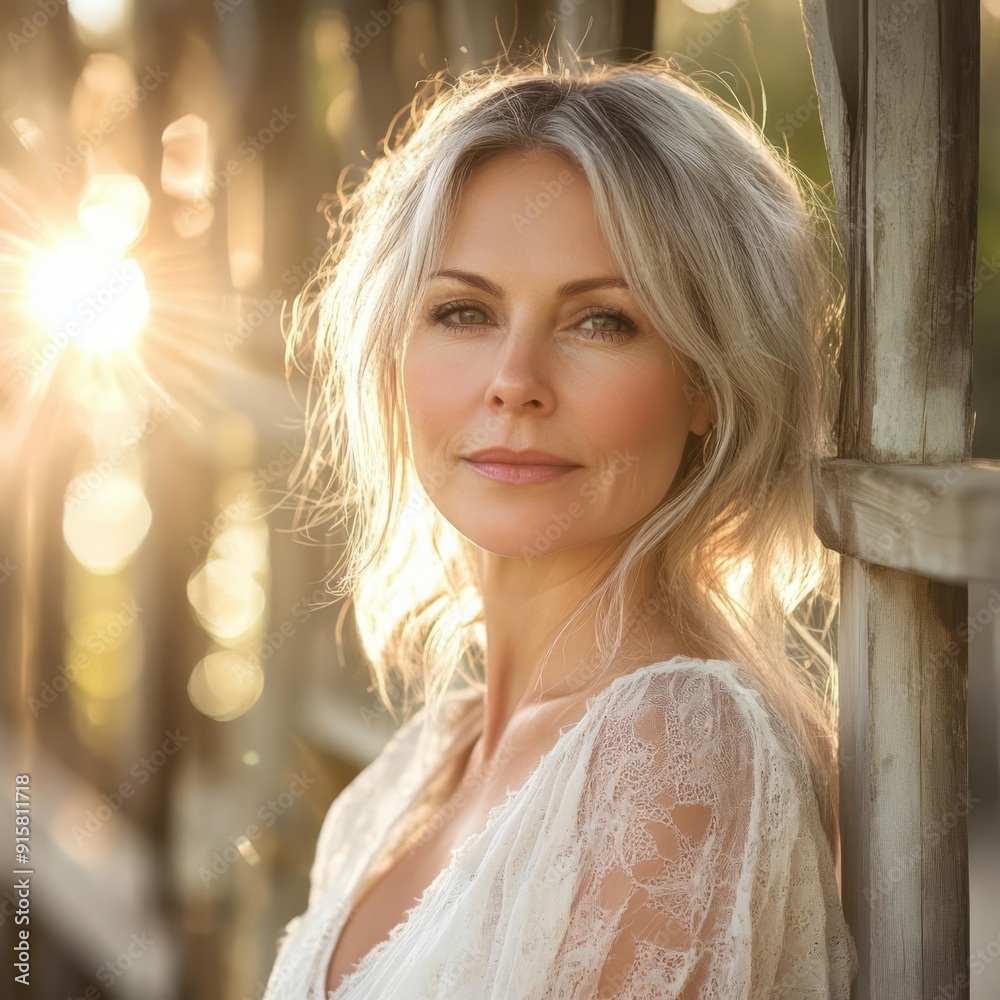 Elegant middle-aged women, light makeup, flawless skin, copy space, embracing natural beauty, ethereal, composite, sunlit terrace backdrop Elegant middle-aged women, light makeup, flawless skin, copy space, embracing natural beauty, ethereal, composite, sunlit terrace backdrop