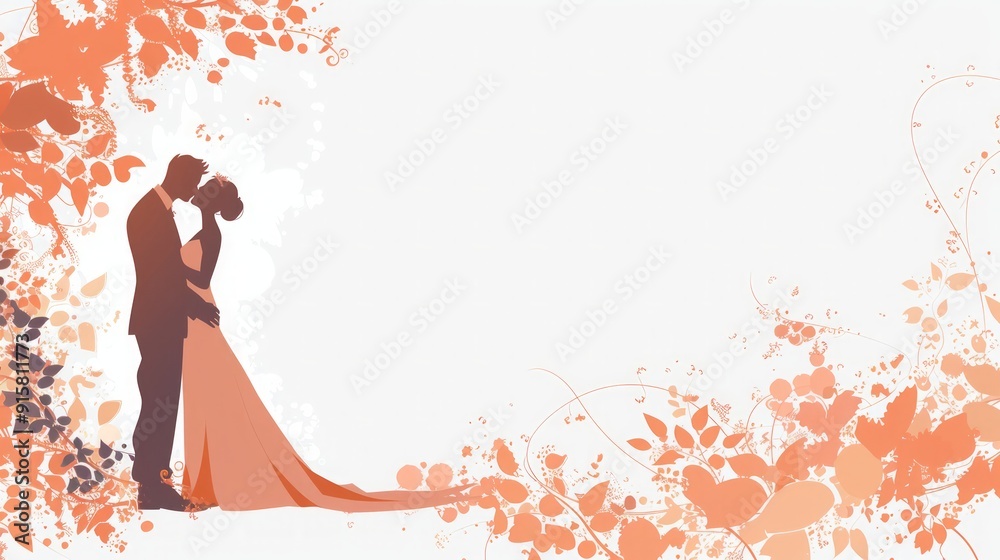 Romantic Wedding Couple Silhouette with Floral Background Romantic Wedding Couple Silhouette with Floral Background