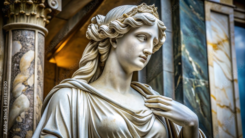 Obraz premium A Marble Muse Close-up of a Grecian Statue's Face, with a Golden Crown and Draped Garment, in a Marble Hall - Art, Sculpture, Classical, Greece, Beauty