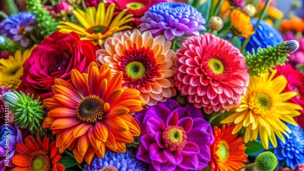 A Symphony of Colors Close-up of a Vibrant Flower Bouquet, featuring daisies, roses, and dahlias in shades of orange, pink, purple, and yellow A Symphony of Colors Close-up of a Vibrant Flower Bouquet, featuring daisies, roses, and dahlias in shades of orange, pink, purple, and yellow