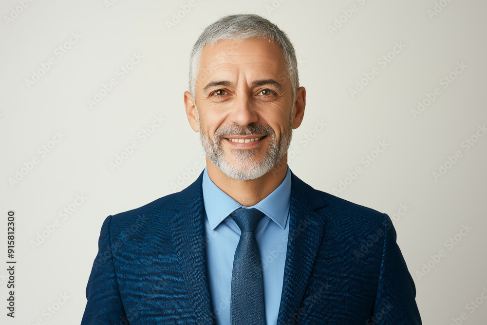 Portrait of smiling businessman with gray hair and beard in suit on white background, copy space concept for business success Portrait of smiling businessman with gray hair and beard in suit on white background, copy space concept for business success