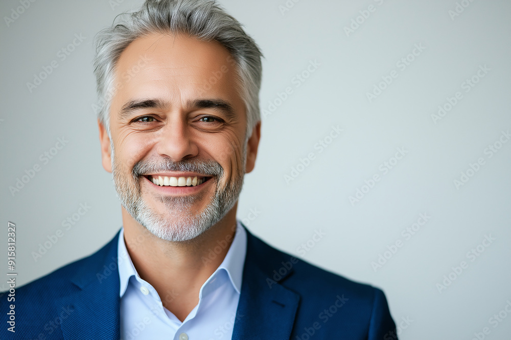 Portrait of smiling businessman with gray hair and beard in suit on white background, copy space concept for business success Portrait of smiling businessman with gray hair and beard in suit on white background, copy space concept for business success